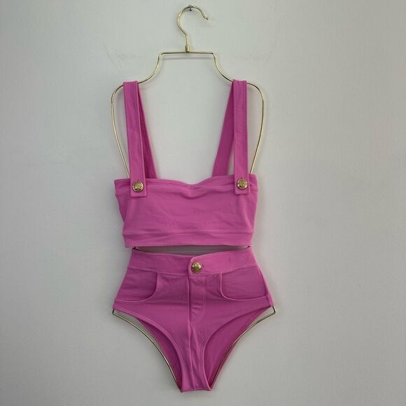 OYE Swimwear Women’s Lavinia Pink Bandeau Bikini Gold Button Detail - Picture 2 of 12